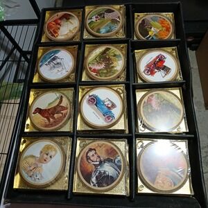 Lot‎ Of 43 Round Wood MCM Wall Hanging Pictures 5.5" Boxed New!